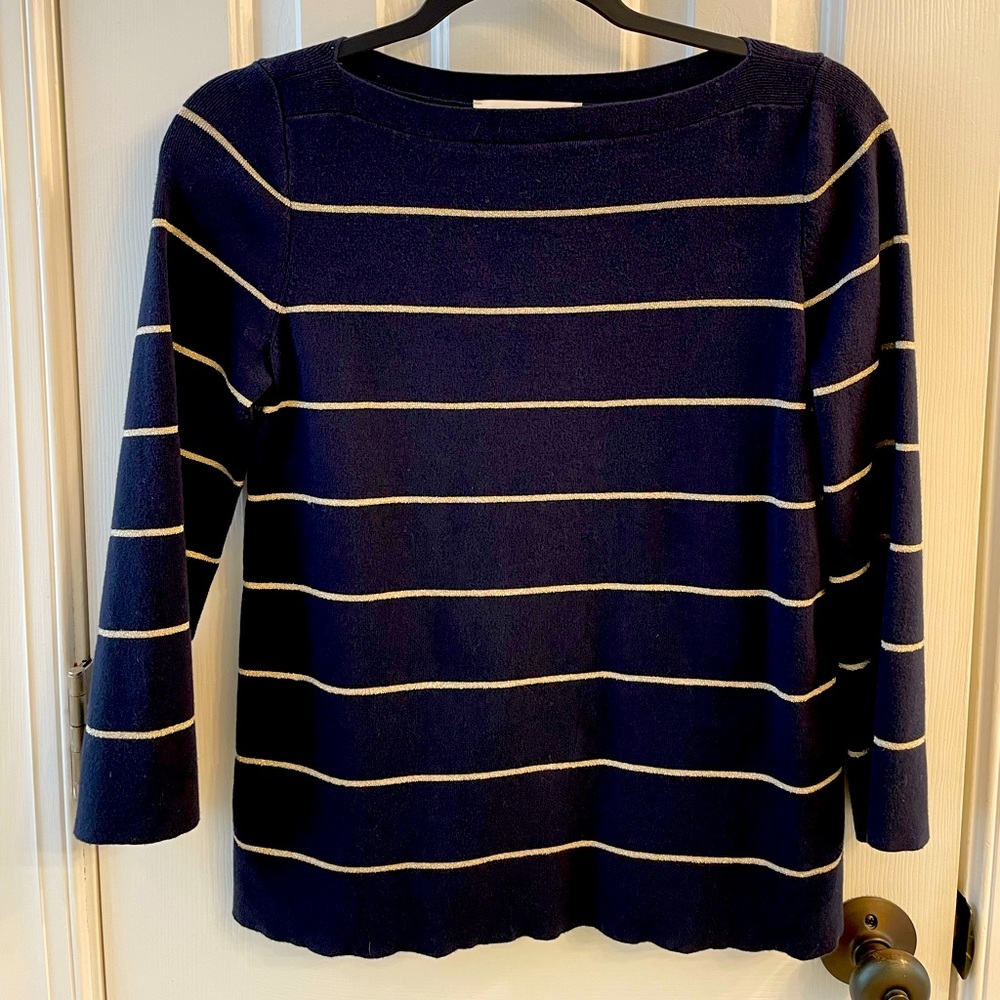 Loft Navy & Gold Striped 3/4 Sleeve Boat Neck Sweater Size XS- fits like Small